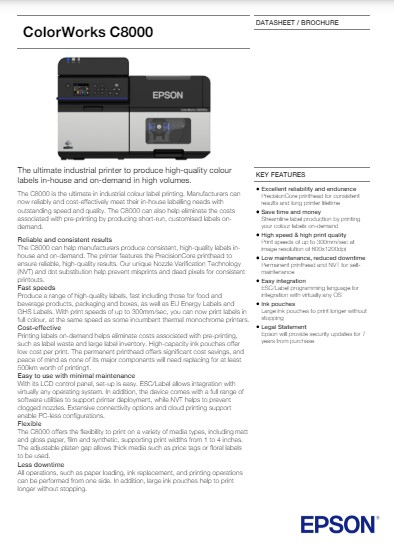  Folleto ColorWorks CW-C8000, Ficha técnica